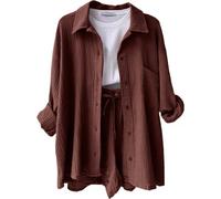LUNULE Zweiteiler Damen Elegant Einfarbig Musselin Bluse Langarm Hemd Und Shorts Sommer Outfits Mode Leicht 2 Teiler Freizeitanzug Oversize Hosenanzug Bequeme Lounge Set Strand Y2K Clothes Sportanzug