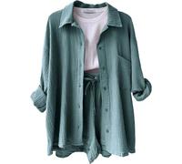 LUNULE Zweiteiler Damen Elegant Einfarbig Musselin Bluse Langarm Hemd Und Shorts Sommer Outfits Mode Leicht 2 Teiler Freizeitanzug Oversize Hosenanzug Bequeme Lounge Set Strand Y2K Clothes Sportanzug
