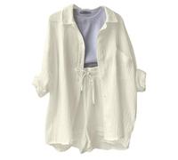 LUNULE Zweiteiler Damen Elegant Einfarbig Musselin Bluse Langarm Hemd Und Shorts Sommer Outfits Mode Leicht 2 Teiler Freizeitanzug Oversize Hosenanzug Bequeme Lounge Set Strand Y2K Clothes Sportanzug