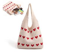 Lunyloer Gestrickte UmhäNgetasche, 38×35cm Gestrickte Tasche, HäKeltasche Tote Bag, HerzföRmige Strandtasche Schultertasche Gewebte Tasche Crochet Bag für Teenager Und MäDchen HerzföRmige Mode