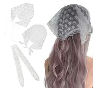 LUODAKA 3 x Kopftuch mit Spitze, Gürtel, Bund, rutschfest, weich, dreieckig, Vintage-Stil, gestrickt, Boho, weiß, Stirnband für Damen, kann zum Haarstyling verwendet werden
