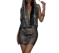 LUOFENG Damenkleid, sexy Neckholder, rückenfrei, mit Kapuze, V-Ausschnitt, figurbetontes Kleid, Glitzer-Strasssteine, durchsichtiges Netz, Club-Kleid