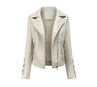 Luohaibell Lederjacke Blazer für Damen, Kunstleder, Biker, Mantel für Damen, große Größe, Kreuz, Gurt, modisch, mit Reißverschluss, beige, 36
