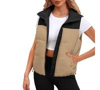 luohaibell Weste aus Baumwolle, für Damen, große Größe, modisch, gesteppt, ohne Ärmel, warm, Reißverschluss, kurz, schick, elegant, bequem, Herbst und Winter, braun, 38