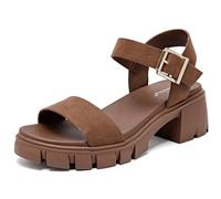 Luoika Damen-Sandalen mit breitem Absatz, modischer Blockabsatz, offener Zehenbereich, verstellbarer Knöchelriemen., Braun 714, 9 X-Wide