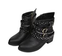 luoluoluo Damen Stiefeletten Biker Boots - Stiefel mit Nieten Blockabsatz - Bequeme Herbst Winter Frauen Schuhe Schnallen Vintage Cowboy Stiefel Damen Ankle Boots Frauen Stiefeletten