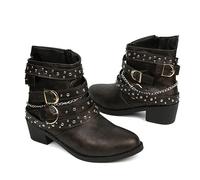 luoluoluo Damen Stiefeletten Biker Boots - Stiefel mit Nieten Blockabsatz - Bequeme Herbst Winter Frauen Schuhe Schnallen Vintage Cowboy Stiefel Damen Ankle Boots Frauen Stiefeletten