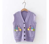 LUOY Damen Strickweste,Damen Strickwesten Mode Stereoskopischen Blumenkorb Jacquard V-Ausschnitt Herbst Winter Lose Ärmellose Knopftasche Strickjacke Pullover Tank Top Cami Weste Bluse,Lila