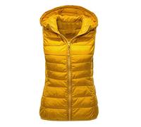 LUOY Daunenweste Damen,Damen Steppweste Mit Kapuze Lässig Kurz Plus Size Gelber Reißverschluss Taschen Glänzende Steppweste Gepolstert Winddichter Bodywarmer Ärmellose Jacke Wintermantel Weste,XL