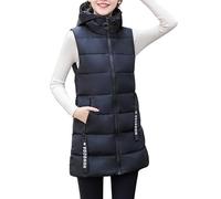 LUOY Longweste Damen,Lange Steppweste Schwarz Damen Lange Weste Kapuze, Damen Lange Gilet Slim Ärmellose Weste Steppweste Gepolsterter Übergangsmantel Für Damen Mädchen Outdoor-Büro,Schwarz,S