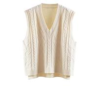 LUOY Pullunder Damen,Damen Strickpullover Weste Classic Einfarbig Zopfmuster V-Ausschnitt Herbst Winter Ärmellos Weicher Warmer Pullover Gilets Pullover Stricken Tank Top Cami Weste Bluse,Beige