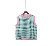 LUOY Pullunder Damen,Damen Strickpullover Weste Mode Süße Raute Plaid Kontrast Rundhalsausschnitt Herbst Winter Warm Locker Ärmellos Pullover Gilets Pullover Stricken Tank Top Cami Weste Bluse,Grün