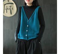 LUOY Pullunder Damen,Damen Strickwesten Literarische Vintage Kurz Einfarbig Baumwolle V-Ausschnitt Herbst Lose Ärmellose Knöpfe Strickjacke Pullover Tank Top Cami Weste Bluse,Blau