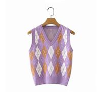 LUOY Pullunder Damen,Frauen Kurze Strickwesten Pullover Fashion Streetwear Lila Argyle Plaid V-Ausschnitt Klassische Schule Slim Fit Ärmellose Tankwesten Uniform Strickpullover Cosplay Kostüm