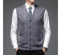 LUOY Pullunder Herren Ärmellos,Herren Strickwesten Business Casual Raute Gitter Jacquard V-Ausschnitt Hellgrau Herbst Winter Verdicken Ärmellose Tasche Knöpfe Strickjacke Slipover Weste Pullover Tank