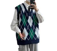 LUOY Strickweste Herren,Herren Strickwesten Vintage Preppy Style Schwarz Argyle Plaid Locker V-Ausschnitt Herbst Winter Warm Ärmellos Strick Pullover Weste Pullover Weste Stricken Tank Tops Bluse,L