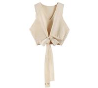 LUOY Sweater Pullunder,Frauen Strickpullover Weste Mode Kurz Einfarbig Vorderschnürung Bogen V-Ausschnitt Herbst Winter Ärmelloser Pullover Gilets Pullover Stricken Tank Top Cami Weste Bluse, Apricot