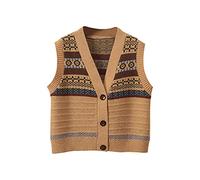 LUOY Sweater Vest,Frauen Strickwesten Vintage Ethnische Muster Streifen Spleißen V-Ausschnitt Herbst Winter Ärmellose Knopf Strickjacke Pullover Tank Top Damen Fancy Cami Weste Bluse,Khaki,XL