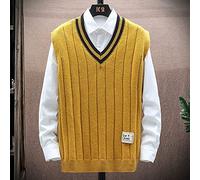 LUOY Sweater Vest,Herren Strickpullover Weste Fashion Preppy Style Paar Slim Fit Streifen V-Ausschnitt Gelb Herbst Winter Weich Warm Ärmellos Strick Pullover Weste Weste Stricken Tank Tops Bluse,L