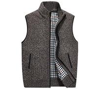 LUOY Sweater Vest,Herren Strickwesten Casual Plus Samt Verdicken Voller Reißverschluss Stehkragen Kaffee Herbst Winter Warm Ärmellose Tasche Strickjacke Slipover Weste Pullover Tank Tops,L