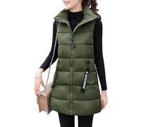 LUOY Weste Damen Lang,Lange Steppweste Schwarz Damen Lange Weste Kapuze, Damen Lange Gilet Slim Ärmellose Weste Steppweste Wattierter Übergangsmantel Für Damen Mädchen Outdoor-Büro,Grün,M