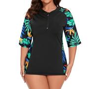 LURANEE Damen-Badeshirt, lockere Passform, kurzärmelig, LSF 50+, Sonnenschutz, Rashguard mit Reißverschluss, Blaues grünes Blattmuster, 5XL Mehr