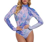 Lurhonp Damen Marmor Print Langarm Mock Neck Bodysuit Jumpsuit Tops, Farbe2, Small