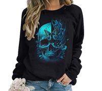 Lurhonp Damen-Sweatshirt mit Totenkopf-Motiv, Halloween, Rundhalsausschnitt, langärmelig, Pullover, Schwarz2, S