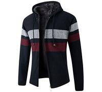 Lu's Chic Herren Full Zip Hoodie Winter Gestreift Langarm Strickjacke Pullover Slim Fit Kapuzenpullover Sweatshirt Jacke Taschen, Navy, 48