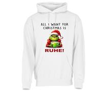 Lustig bedruckter Hoodie Muffel All i want is Ruhe | Unisex Pullover, Kapuzenpullover, Sweatshirt, Sprücheshirt, Funshirt| Gr. S-3XL (DE/NL/SE/PL, Alphanumerisch, S, Regular, Regular, Weiss.)