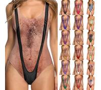 Lustige Badeanzug Damen Push Up mit hoher Taille Sexy BadeanzüGe 3D Fälschung Brusthaar Drucken Bodysuit Alternativ Party-Kostüm Tanga Schwimmanzug Breite Träger Swimsuits Sport One Piece