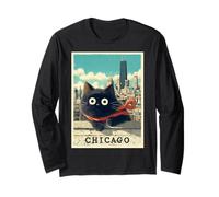 Lustiges Chicago Cat Skyline Windy Vintage Reiseposter Vibes Langarmshirt