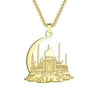 LUTAKU Herrenschmuck Islamische Muslimische Goldkette für Männer Jungen Moschee mit Halbmond Talisman Anhänger 316L Edelstahl Hip Hop Ketten für Männer (290G)