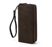 LUUFAN Echtes Leder Lange Brieftasche große Kapazität Double Zipper um Geldbörse Clutch Bag Handtasche Beutel Bargeld Kreditkarten Handy-Halter, Dunkelbraun