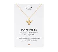 LUUK LIFESTYLE Filigrane 50cm Halskette mit Adler| Phönix Anhänger und HAPPINESS Spruchkarte, Edelstahl, Geschenkidee für Verlobte und Freundin, alltagstauglicher Damenschmuck, Gold