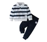 LUVCES Baby Jungen Kleidungsset Langarm Umlegekragen Reißverschluss Sweatshirt + Hose mit Taschen Kleinkind Säugling Herbst Winter Frühling Outfits Set Marineblaue Streifen 6-12 Monate