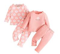 LUVCES Baby Mädchen 4Pcs Set Geripptes Gerüschter Rand Langarm Blumenmuster/Volltonfarbe T-shirt Oberteil und Hose Sets Outfit 4Pcs Blumendruck rosa 18-24 Monate