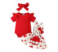 LUVCES Baby Mädchen Cartoon Bear Rotes Herz Röcke Sets Rüschen Kurzarm Strampler Top + Overalls Hosenträger Kleid Valentine's Day Kleidung Outfits Cartoon Bear Rotes Herz 3-6 Monate