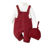 LUVCES Baby Mädchen Gerippte Stehkragen T-Shirt+ Overall+ Mütze 3Pcs Set | Kinder Herbst Winter Outfits 6 Monaten-3 Jahren, Gestrickt Sweatshirt und Hosenträgerhose, Weich und warme Freizeitkleidung