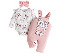 LUVCES Baby Mädchen Overall Hosen Set Neugeborenen Polka Dots Rüschen Strampler + Elefanten Overalls Hose + Stirnband Herbst Winter Outfits 3Pcs Rosa bedrucktes Kätzchen 3-6 Monate