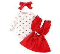 LUVCES Baby Mädchen Rotes Herz Röcke Sets Rüschen Langarm Strampler Top + Overalls Hosenträger Kleid Valentine's Day Kleidung Outfits Rotes Herz 3-6 Monate