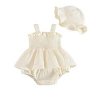 LUVCES Baby Mädchen Sommer Kleidung Outfits Niedliches Geblümtes Gesmoktes Ärmelloses Kleid mit Hut für Neugeborene Fotoshootings Sommer Set Aprikose 9-12 Monate