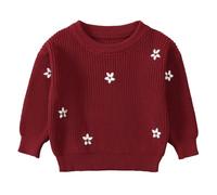 LUVCES Baby Mädchen Winterkleidung Süßer Blumen Pullover Rundhals Sweater Langarm Strickwaren Top Säugling Herbst Strickpullover Weinrote Blüten 4-5 Jahre