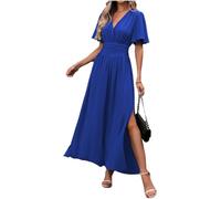 LUVCES Damen Sommer Maxi Kleid V-Ausschnitt Schmetterlingsärmel Plissee Hohe Taille Schlitz Elegant Hochzeitsgast Langes Kleid Königsblau S