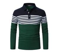 LUVCES Herren Polo Shirt Herren Langarm gestreift lässig Slim Fit Golf Polo Kontrast Farbe Baumwolle T-Shirts Tops Langarm Marineblau + Dunkelgrün XXL