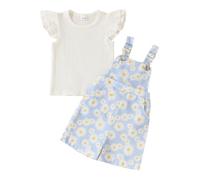 LUVCES Kinder Baby Mädchen Sommerkleidung Rüschen-T-Shirt Tops + Blumen Hosenträger Shorts Süßes 2 Teiliges Outfit Set für Kleinkinder Blauer Blumendruck 3-4 Jahre