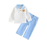 LUVCES Kleinkind Baby Jungen Kleidung Sommer Outfits Niedliches Bären Poloshirt und Knöpfen Shorts mit Taschen 2-teiliges Frühling Set Langärmeliges blaues 2-3 Jahre
