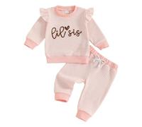 LUVCES Kleinkind Baby Mädchen Herbst Kleidung Rüschen Langarm Süßes Print Streifen Sweatshirt Top und Hose 2 Stück Trainingsanzug Outfit Bekleidungsset Rosa LiL Sis 6-12 Monate