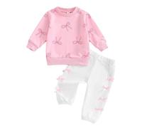 LUVCES Kleinkind Baby Mädchen Herbst Kleidung Rüschen Langarm Süßes Print Streifen Sweatshirt Top und Hose 2 Stück Trainingsanzug Outfit Bekleidungsset Rosa Schleife 12-18 Monate