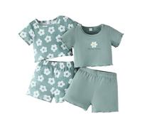 LUVCES Kleinkind Baby Mädchen kleidung Set Rüschen Gerippte Kurzarm/Langarm T-Shirt Tops + Shorts Hosen 4Pcs Sommer Herbst Süßes Outfits Set Kurzarm 4Pcs Grün 9-12 Monate